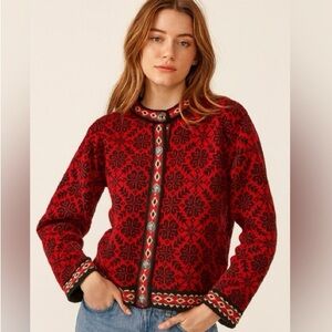 Marino wool vintage L.L bean Red and Black nordic fair isle snowflake Cardigan